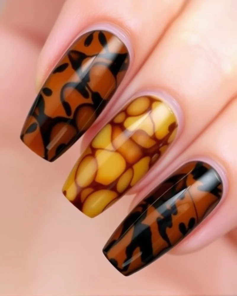 15 Chic September Nail Ideas to Transition Into Autumn 4 Tortoiseshell pattern on coffin nails, artistic September design.