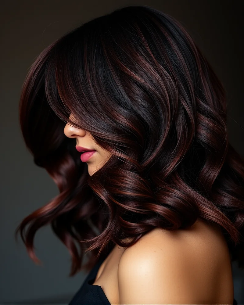 A woman with shiny, healthy long burgundy waves.