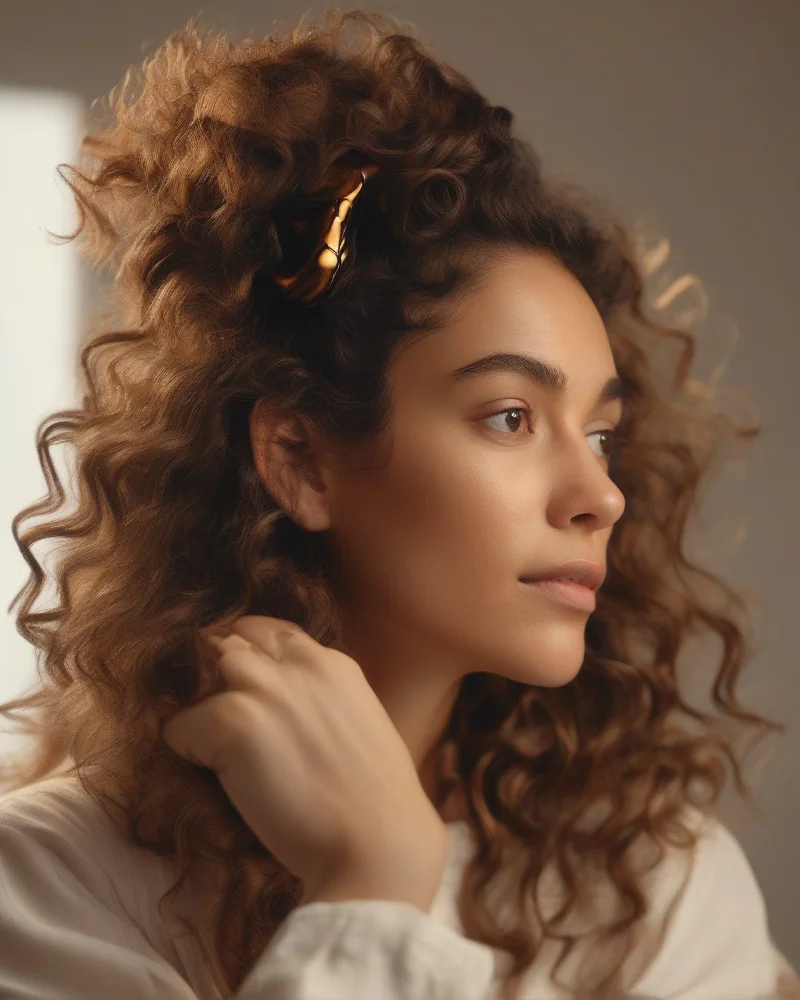 Curly hair half-up style secured with a stylish claw clip.