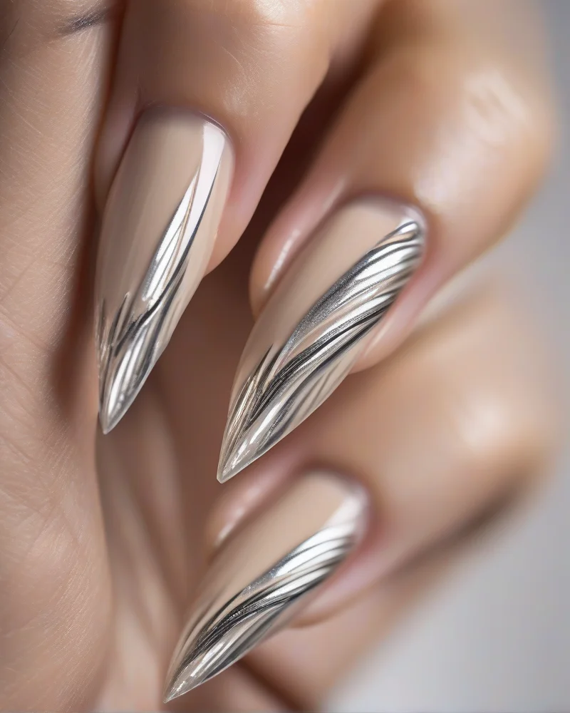 Minimalist Chrome Nail Art: The Ultimate Everyday Chic Guide 4 Minimalist chrome French tip nails on stiletto shape.