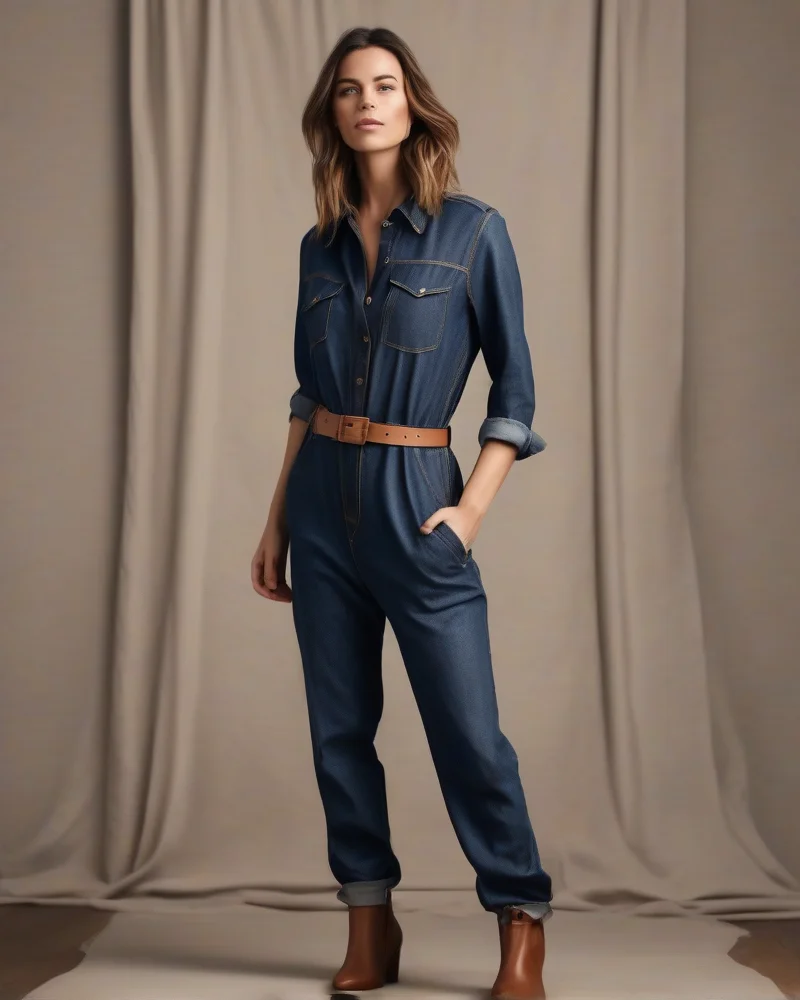 Stylish dark denim jumpsuit for a live music concert outfit.