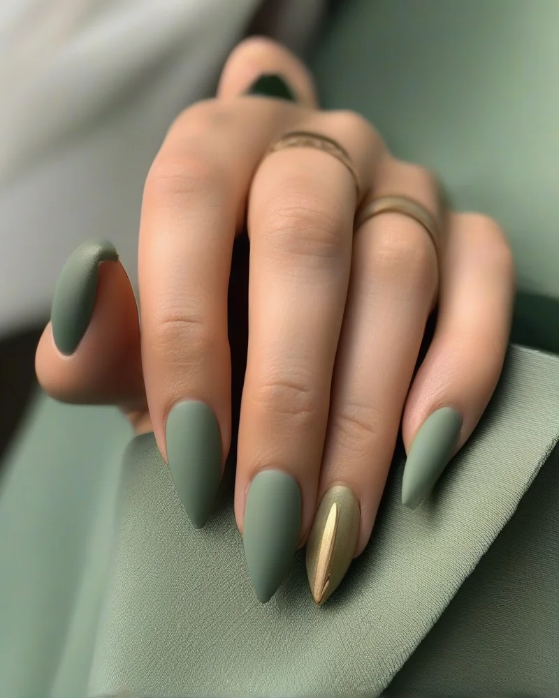 Almond-shaped nails in sage green, representative of trendy September nail colors.