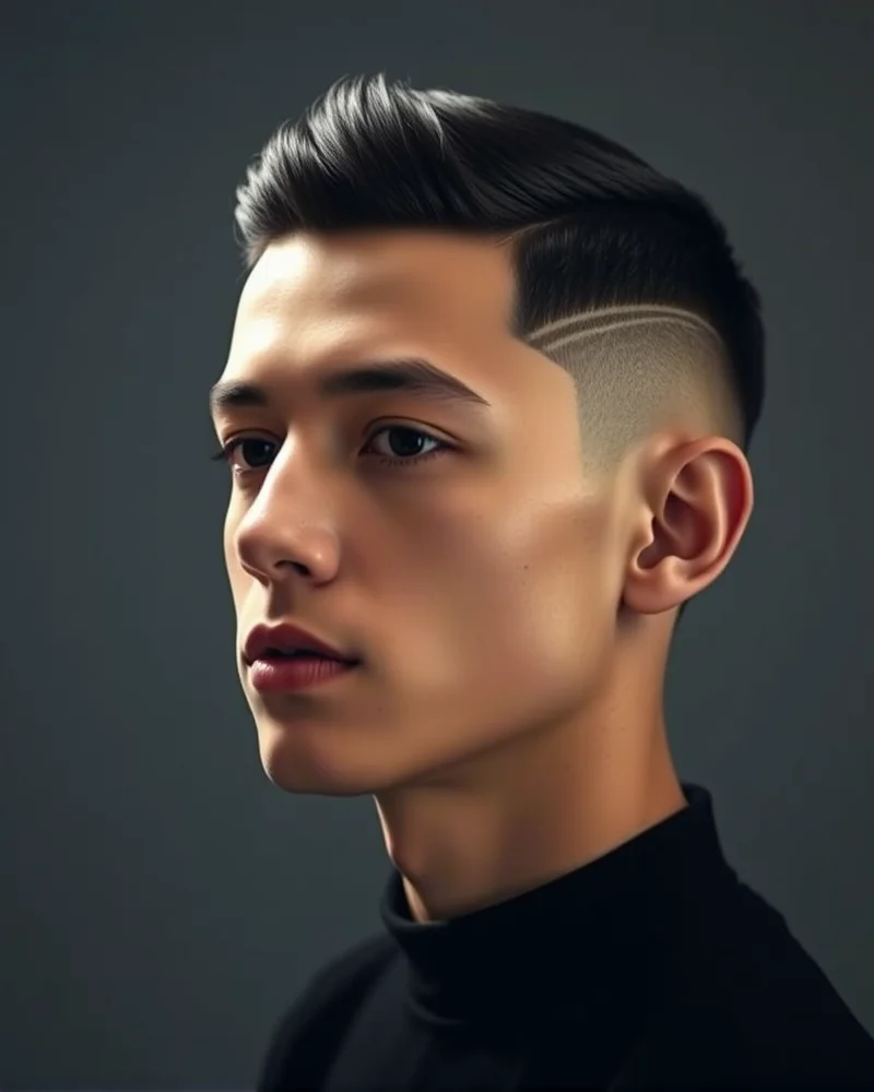 A sharp, modern two-block haircut with defined layers.