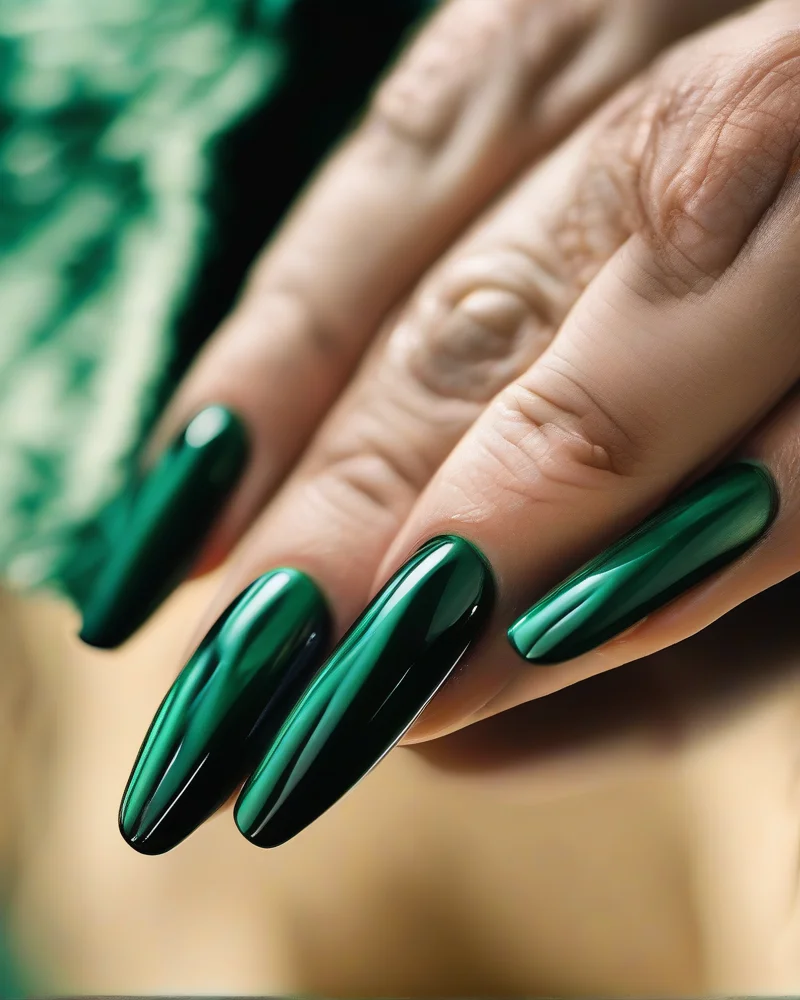 Close up of nails with a luxurious emerald green magnetic cat-eye finish, demonstrating the velvet texture and how light reflects off the magnetic particles for a 3D effect, perfect for autumn elegance.