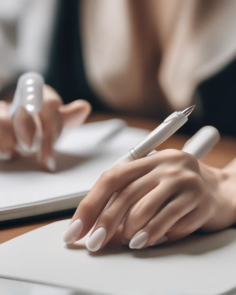 Close-up of clean-girl aesthetic minimalist milky white nails for back-to-school season.