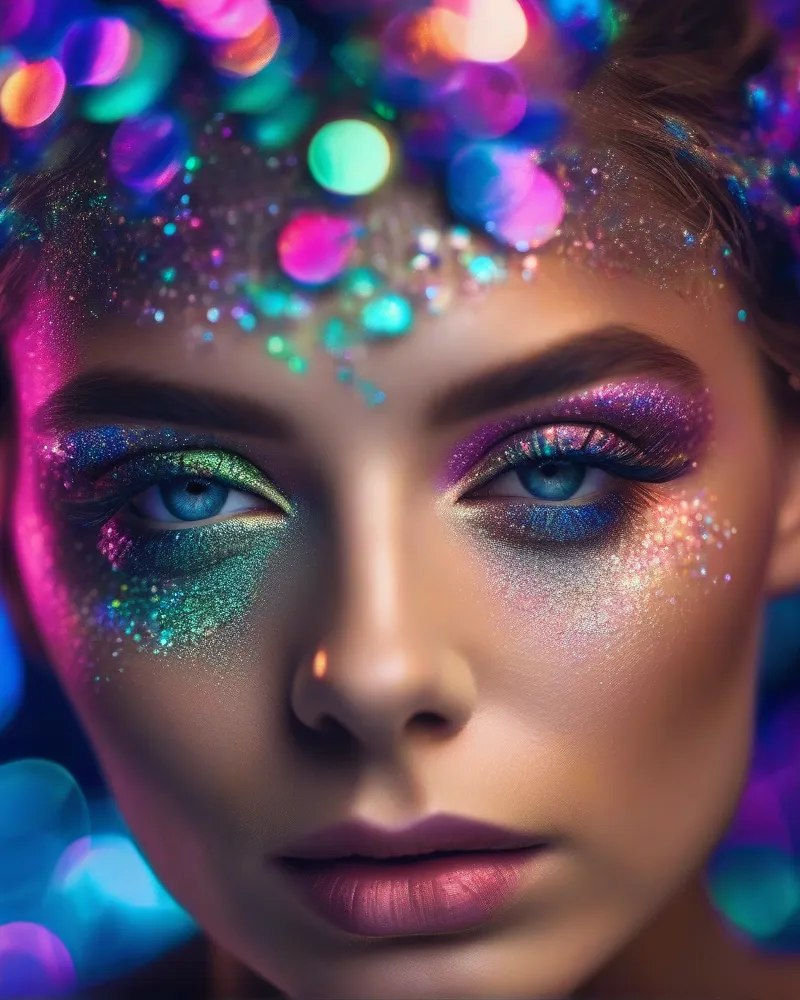 Kesha Makeup 4 Close-up of vibrant iridescent glitter makeup on eyelids, showcasing high-quality pressed pigments and the halo effect for a professional cosmetic look.