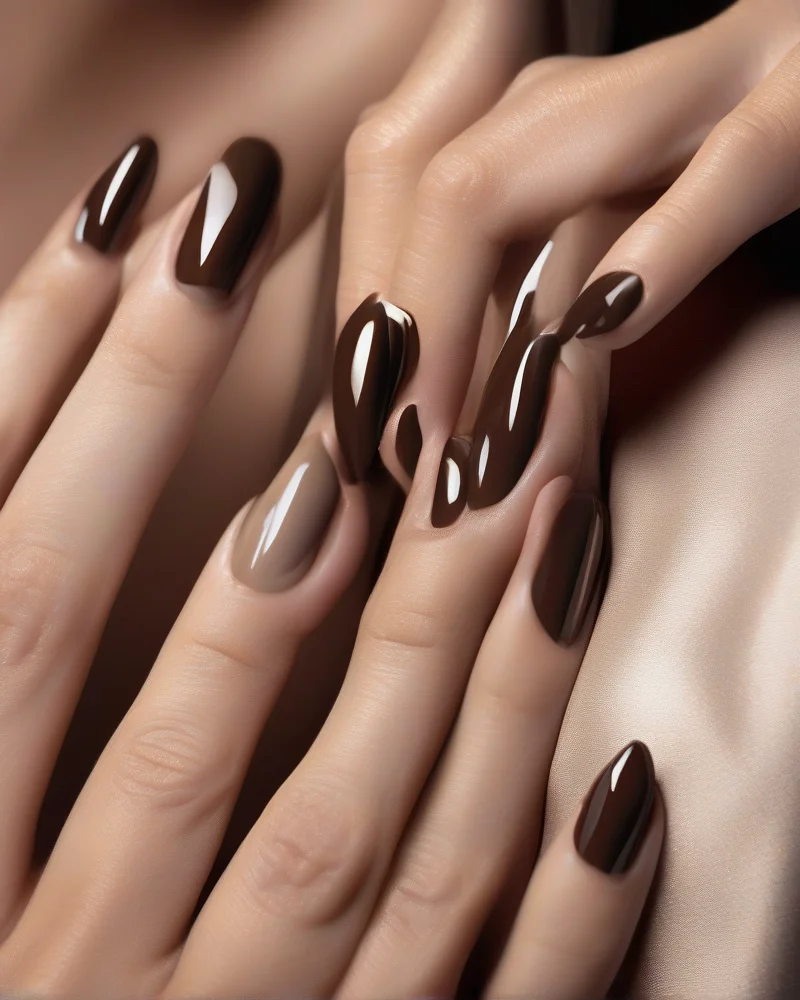 Simple September Nails 4 Close up of an espresso glaze manicure featuring dark brown nail polish topped with a reflective chrome powder finish for a luxury September nail look.