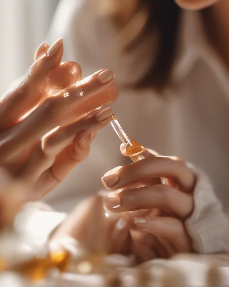 Transition Nails Summer to Fall 4 Close up of a professional cuticle oil application to maintain nail health during the fall season