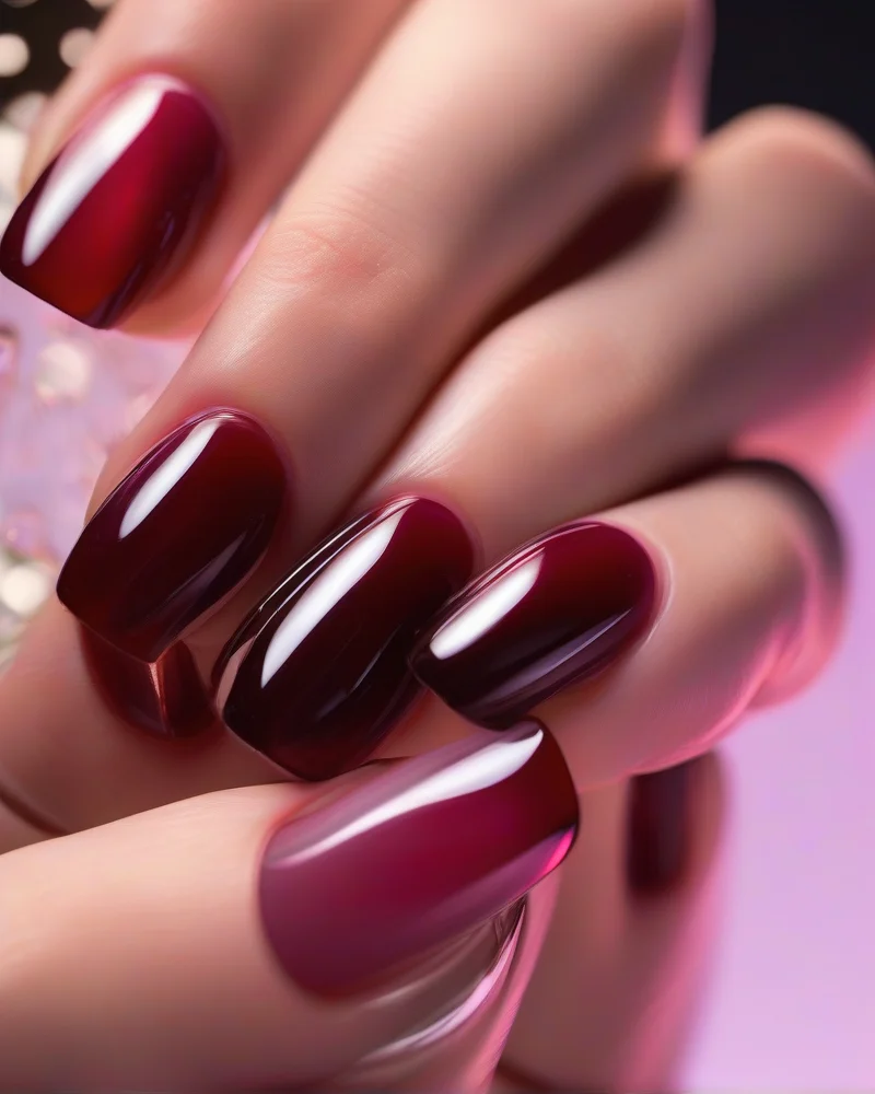 Nail Ideas September 4 Close-up of Dark Cherry jelly nails with a glossy, translucent finish perfect for September.