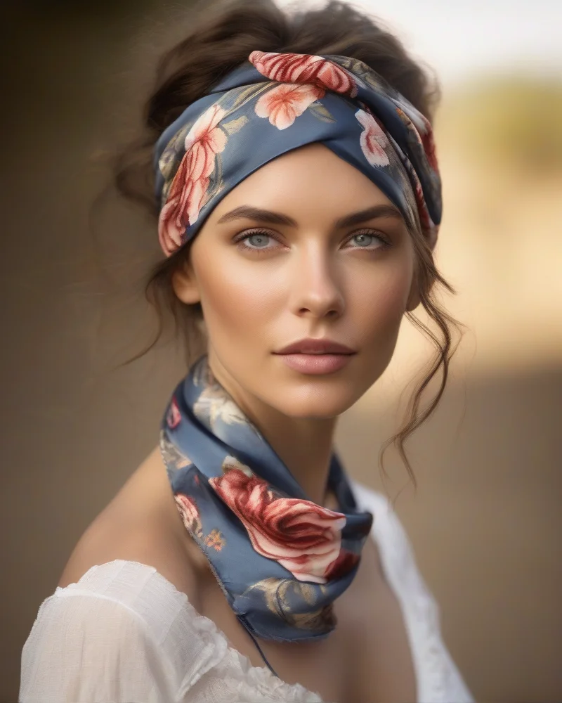 Close up of a woman wearing a silk bandana tied in a classic bohemian style
