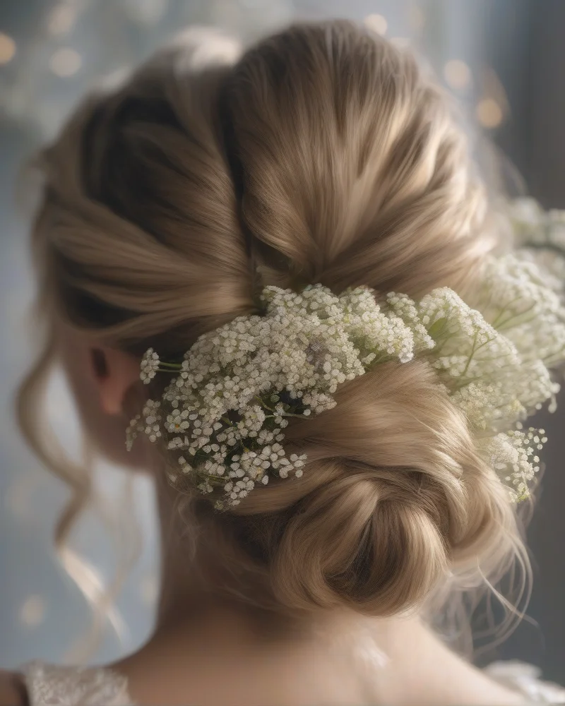 Boho bridal updo decorated with fresh and dried floral accessories for a wedding.