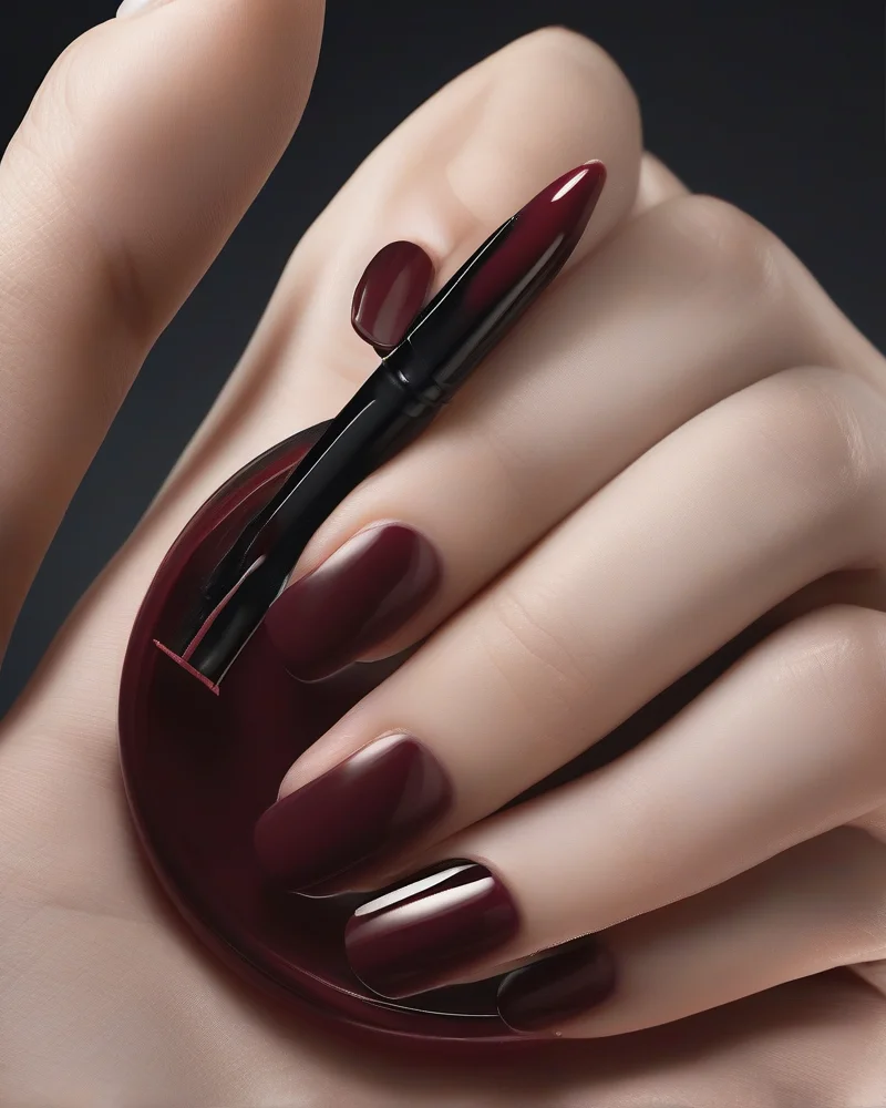 Professional technique for applying oxblood nail polish without staining the cuticles.