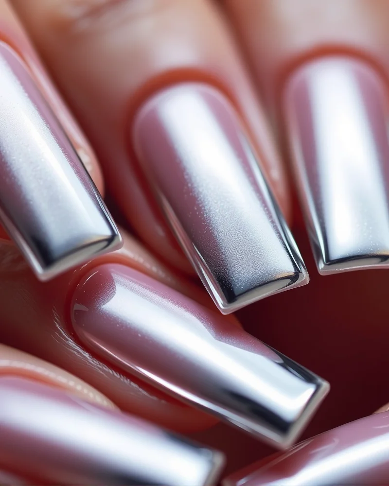 Back to School Nails Square: The Ultimate Guide to Sharp, Sophisticated Style 4 Chrome tipped square nails in a luxury aesthetic.