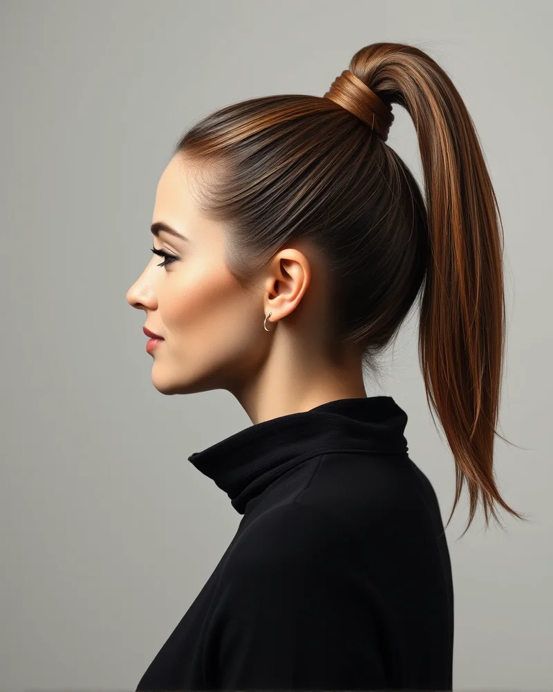 A high, sleek, polished ponytail with hair wrapped around the elastic base.