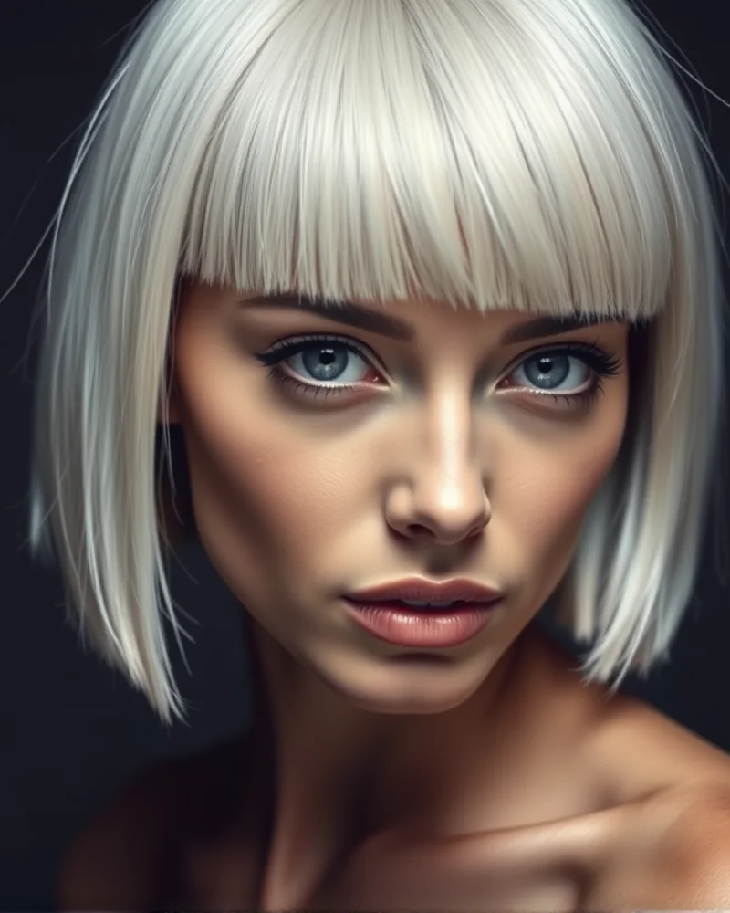 Woman with a sharp platinum blonde bob haircut.