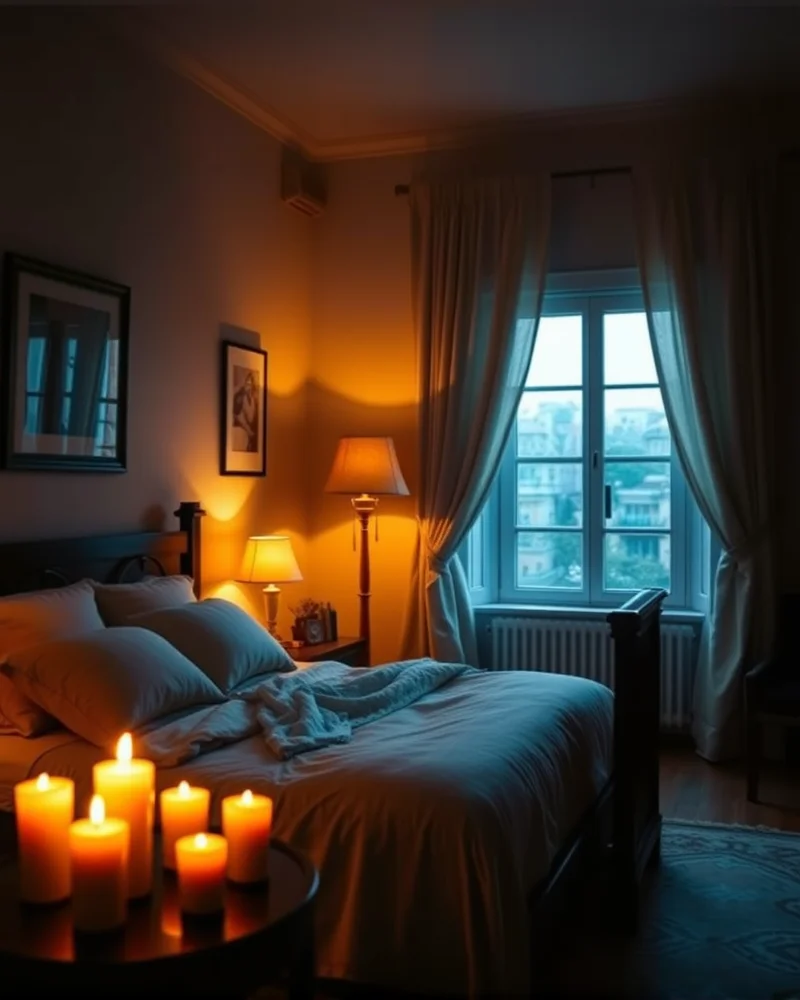 A bedroom at dusk illuminated by warm, ambient table lamps and candles.