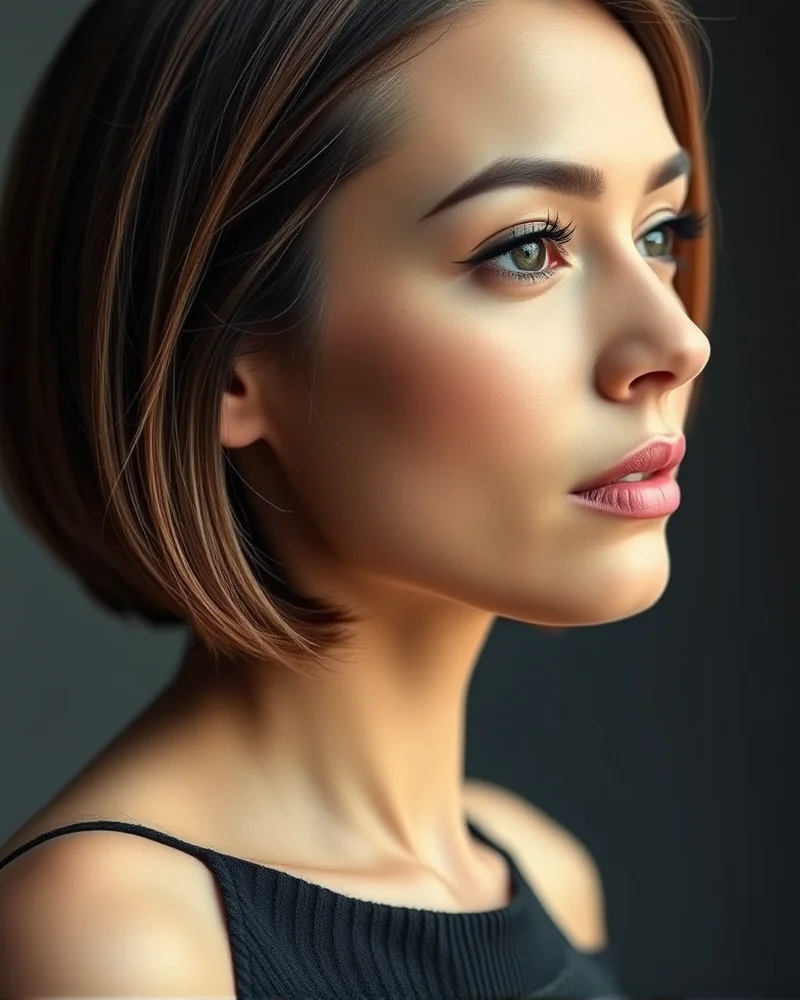 Subtle contoured clean girl makeup with a chin-length bob hairstyle for a professional office environment.