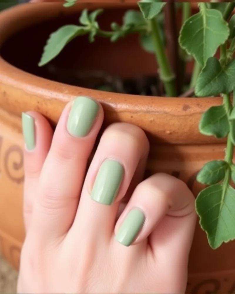 15 Chic & Simple August Nails to Elevate Your Late Summer Aesthetic 5 Muted sage green simple August nails with a clean, creme finish.
