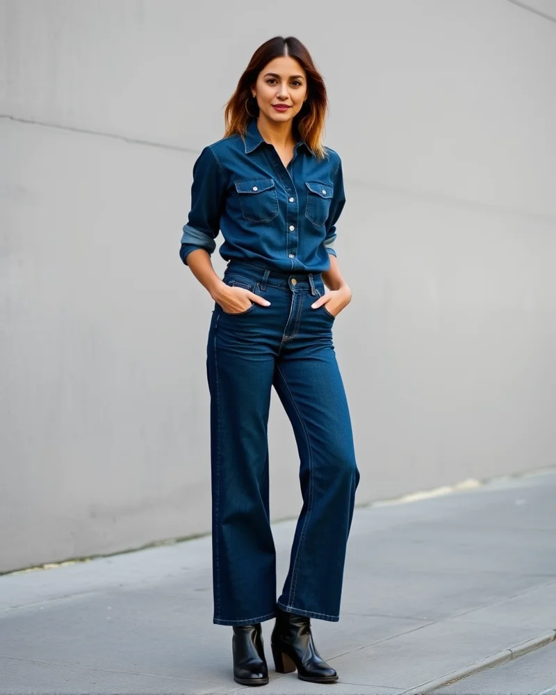Fall Outfits 2026 Women: The Ultimate Editorial Style Guide 5 Classic yet modern denim-on-denim look for fall outfits 2026.