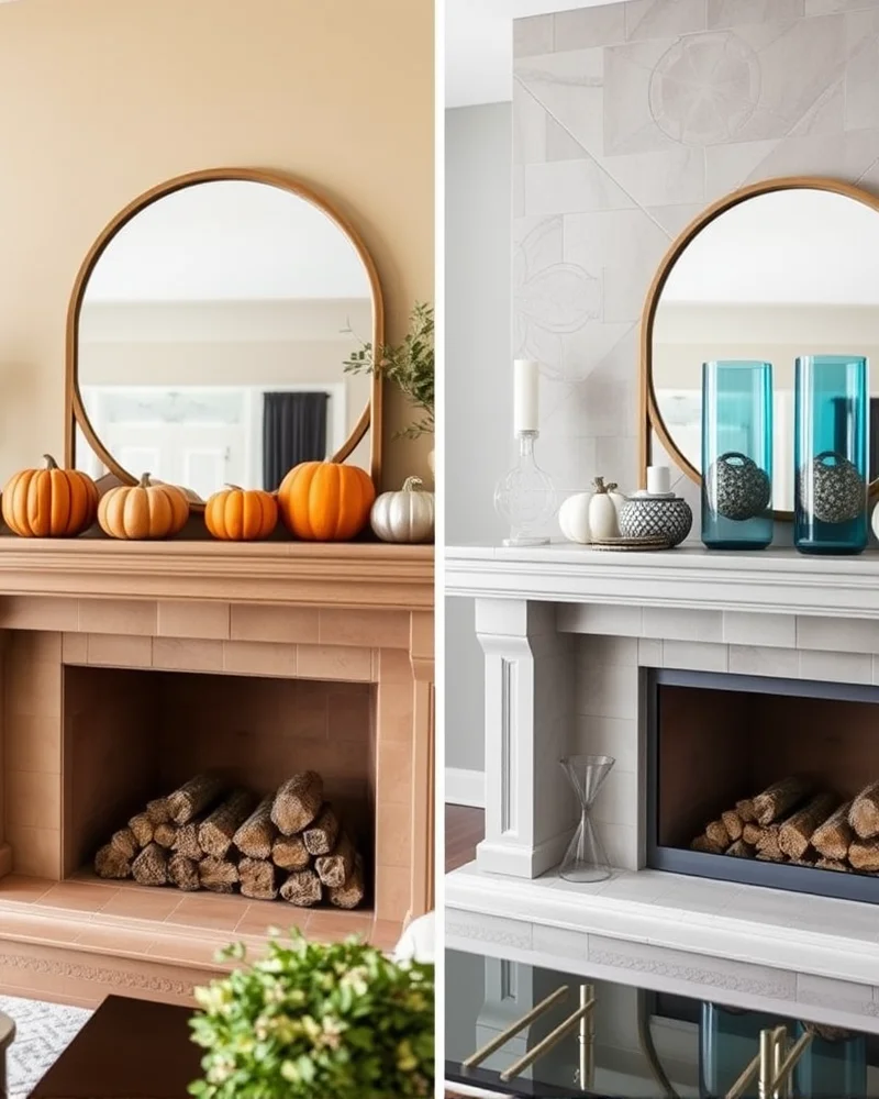 Comparison of warm copper versus cool silver tones for fall mantle decor.