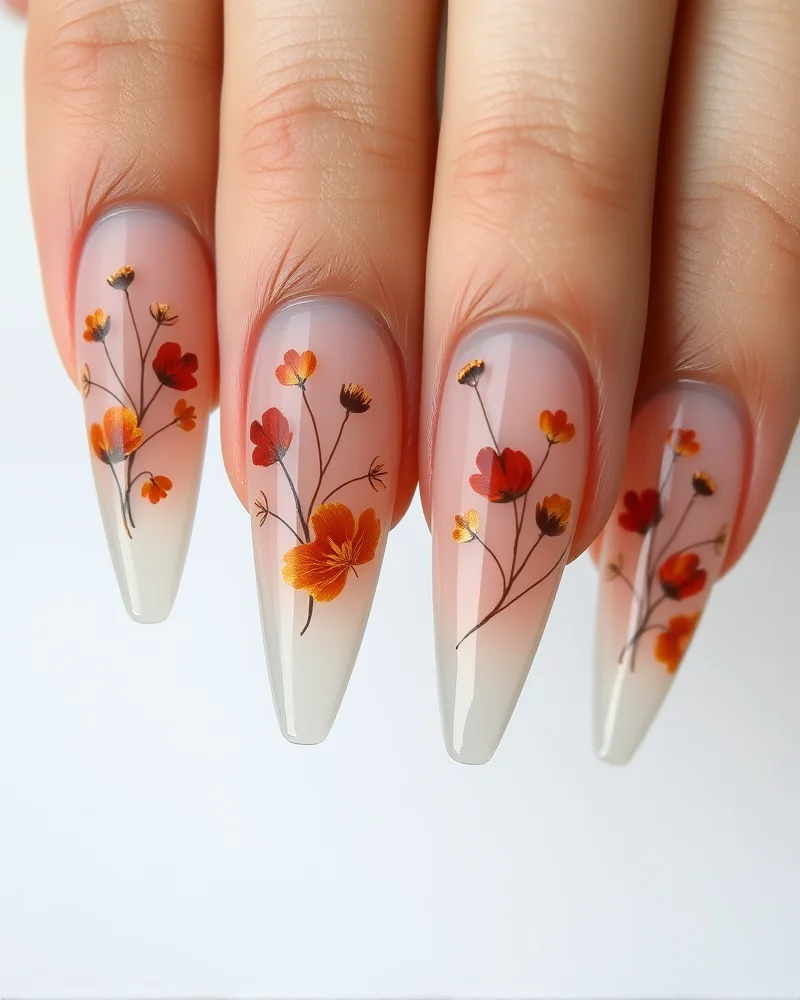 10 Chic End of Summer Nails Ideas to Transition Into Autumn 5 Stiletto nails featuring encapsulated dried flower art in autumn tones.