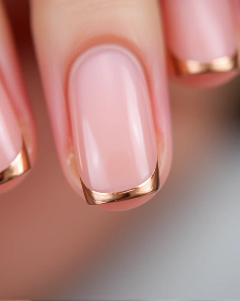 Almond nails with a subtle copper metallic micro-french tip, representing a modern summer to fall transition.