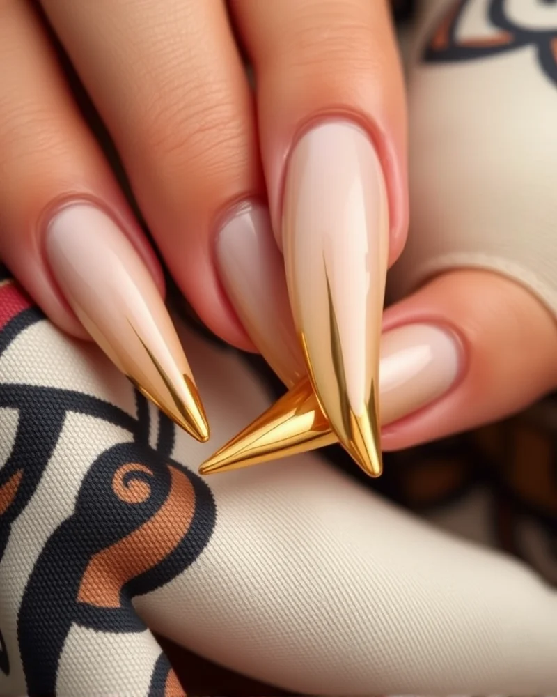 August September Nails: The Ultimate Transition Manicure Guide 5 Gold chrome French tips on stiletto nails for a high-fashion look.