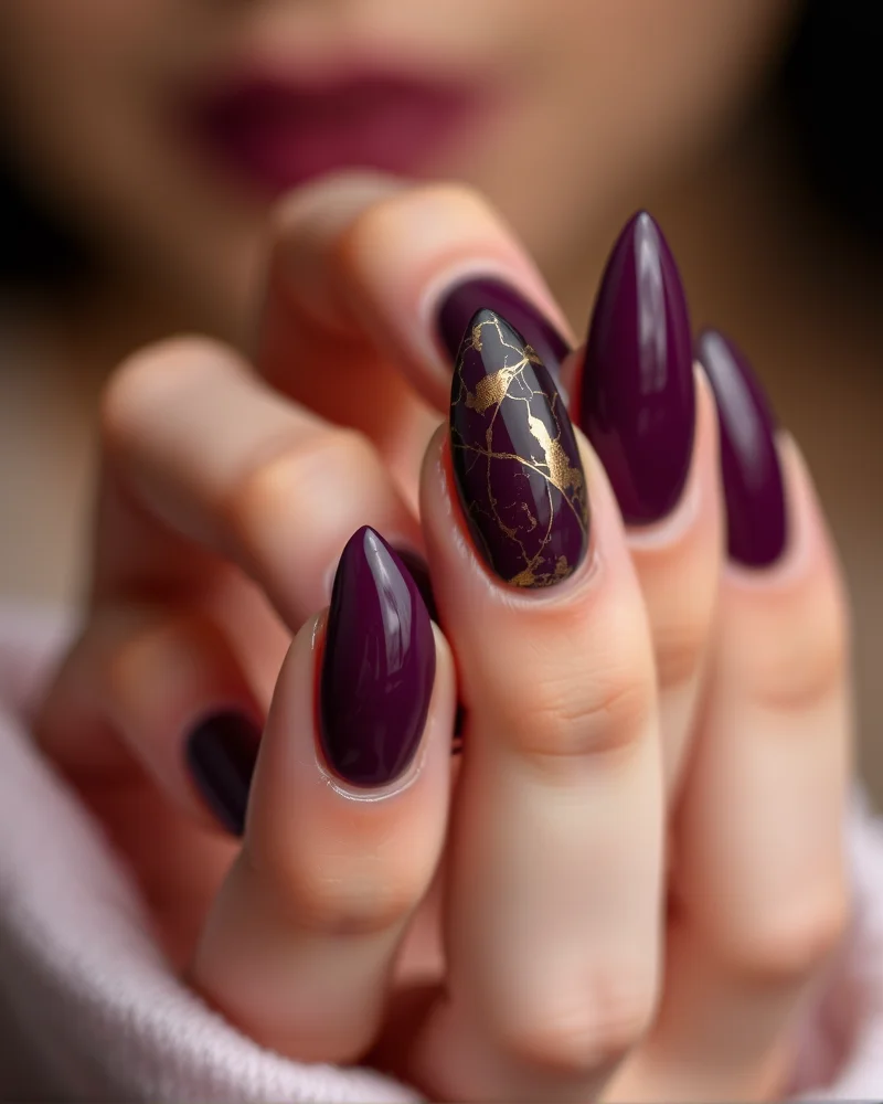 15 Chic September Nails Designs to Elevate Your Seasonal Transition 5 Stiletto nails in deep plum for September luxury aesthetic.