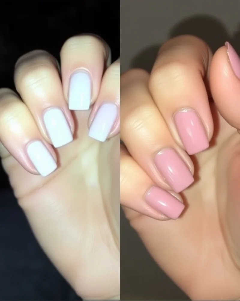 Comparing milky white and sheer rose pink fresh spring nail trends for short nails.