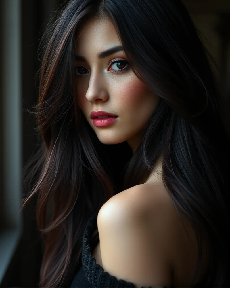 A woman with long, layered black-cherry burgundy hair.