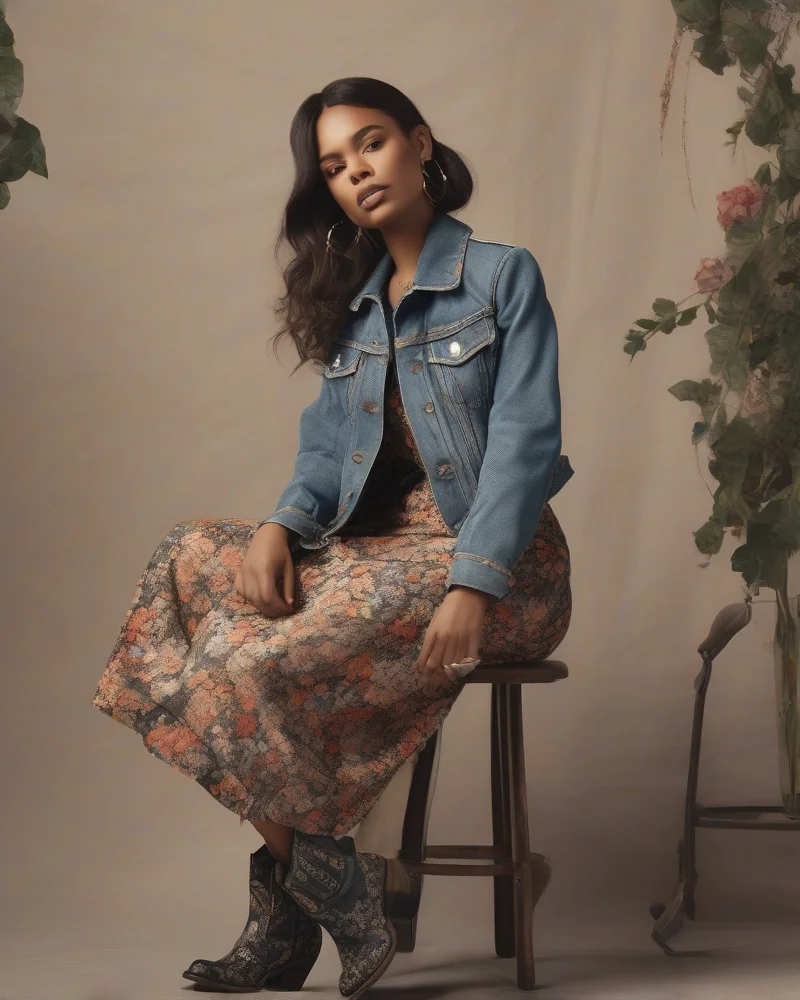 Boho indie maxi dress and denim jacket for a concert.