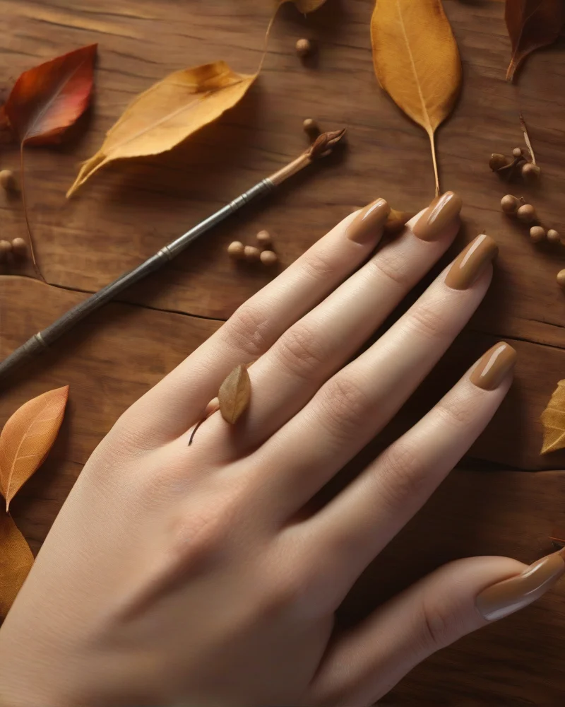 Square nails featuring muted ochre as one of the top September nail colors.