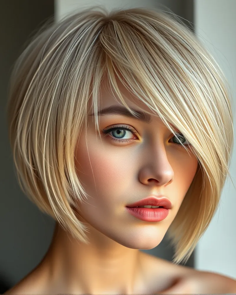A modern, trendy take on the bowl cut with textured blonde hair.