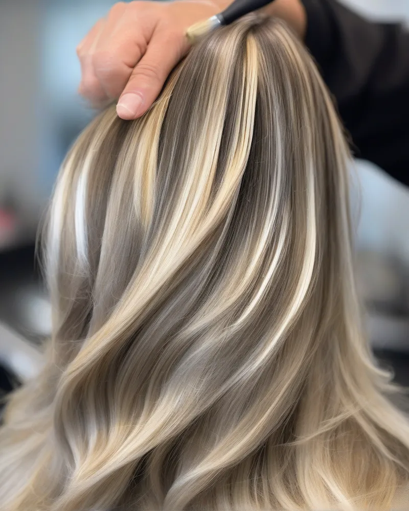 Lowlights and Highlights for Aging Hair 4 Close up of a professional hairstylist applying balayage and foil highlights to mature hair to demonstrate gray blending and dimensional color techniques.