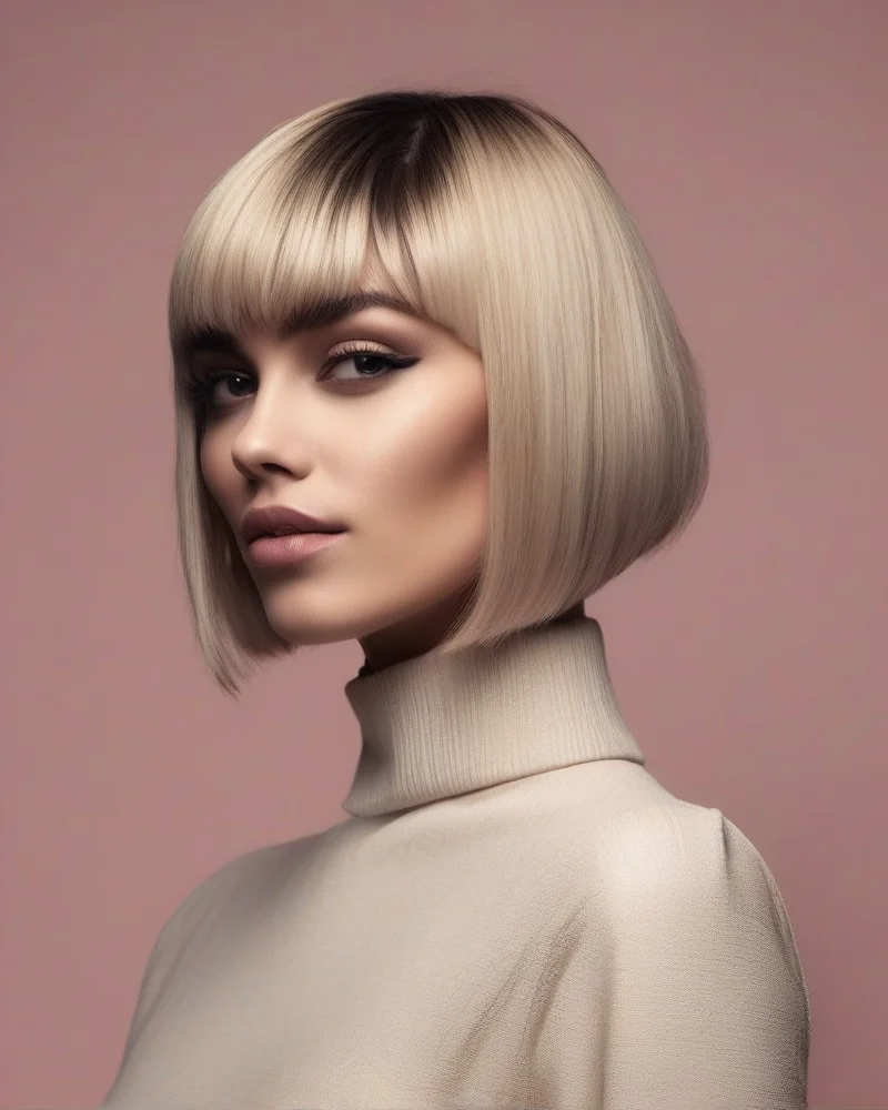 A woman with a heart-shaped face showcasing an edgy asymmetrical haircut with micro-bangs and textured layers.