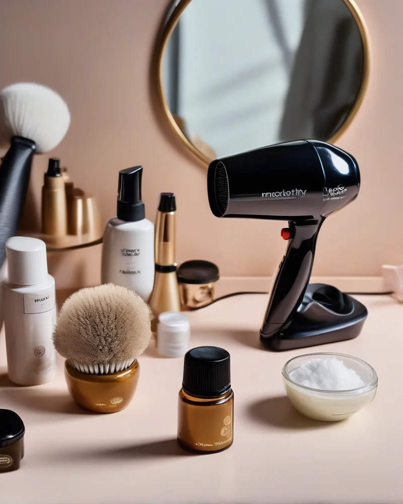 Essential styling tools for a 90s shaggy bob including a round brush, sea salt spray, and hair diffuser.