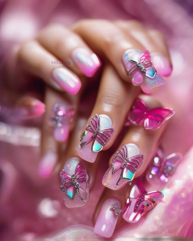 Close-up of a Y2K nail art manicure featuring 3D butterfly and star charms with iridescent rhinestones on pink jelly nails for a summer aesthetic.