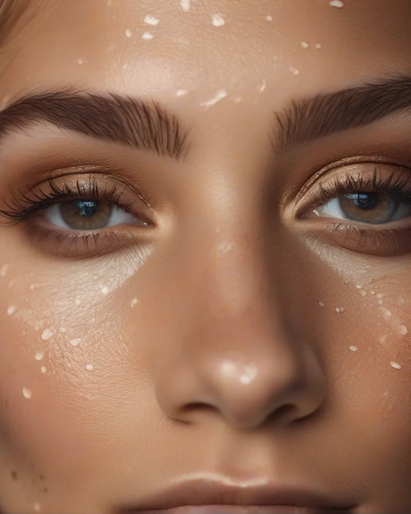 Model showcasing a dewy skin-first makeup look balanced with intense grunge eye makeup.