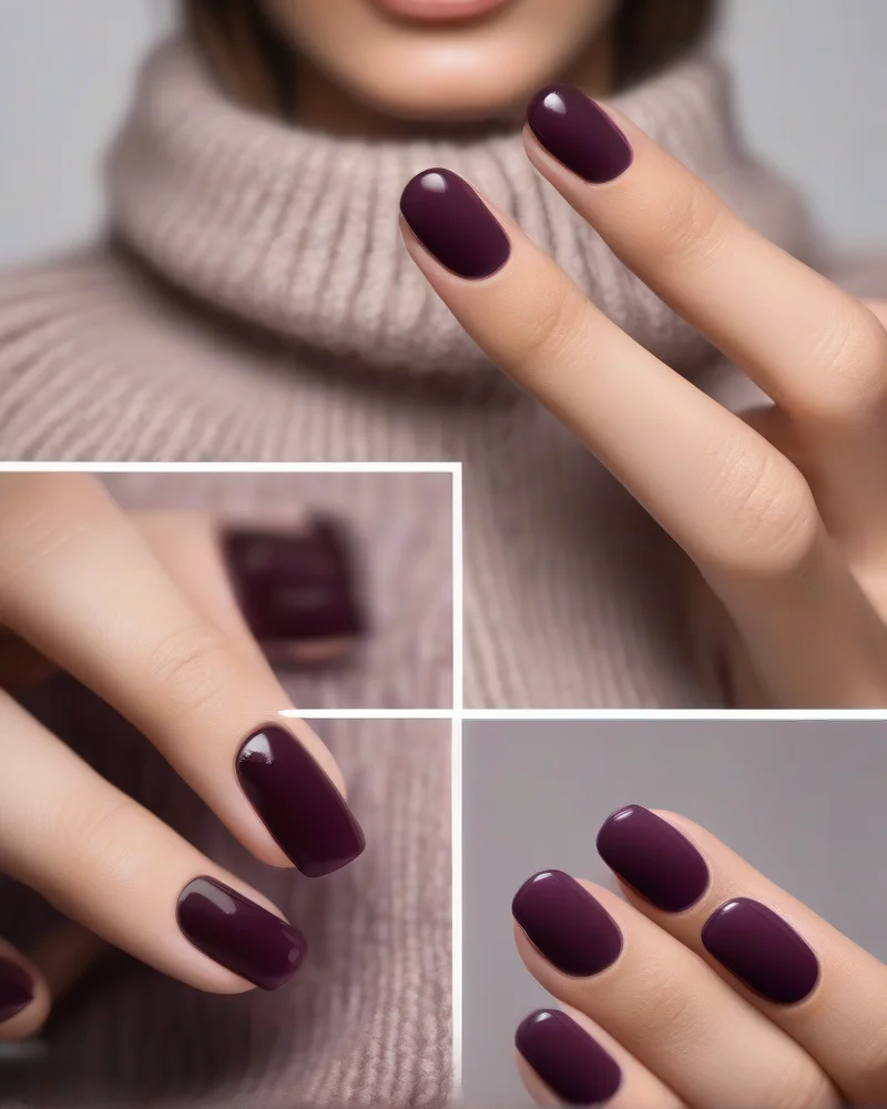 Transition Nails Summer to Fall 5 Comparison of short squoval nails and long almond nails featuring transitional autumn nail polish colors like plum and espresso.