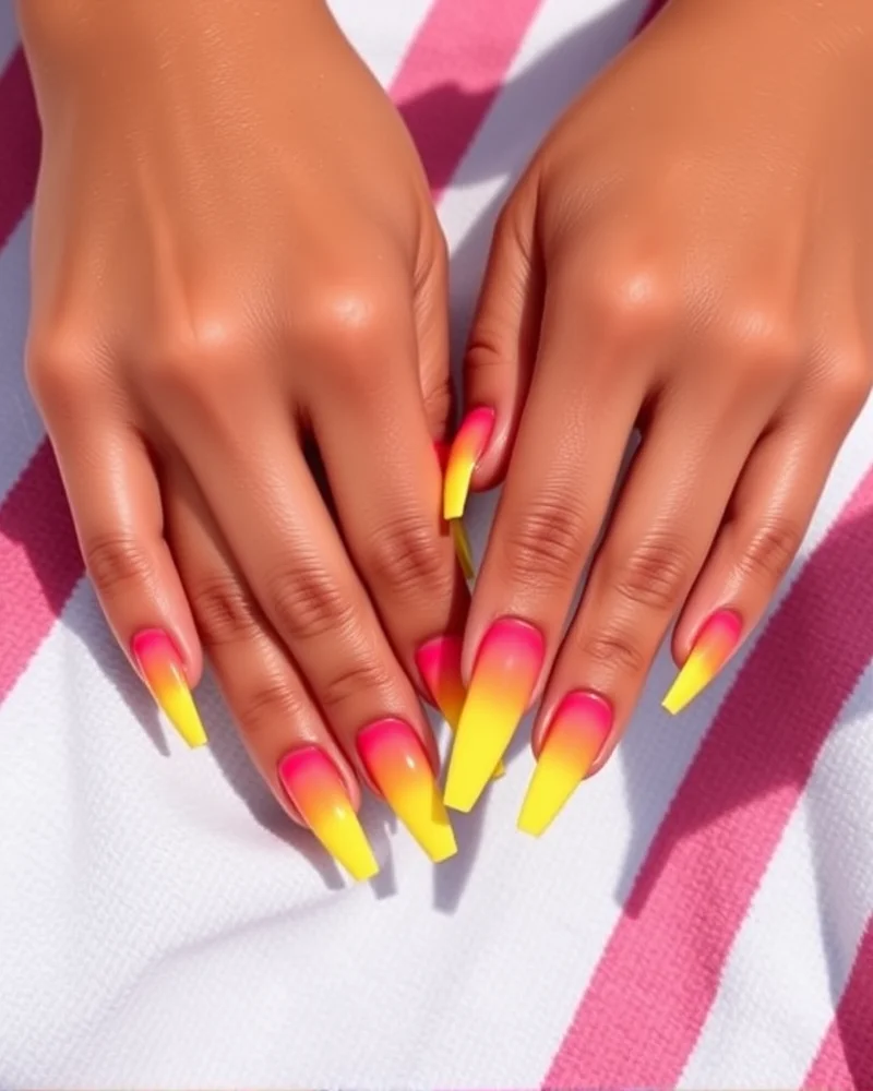 Vibrant sunset gradient summer nails 2026 in long stiletto shape.
