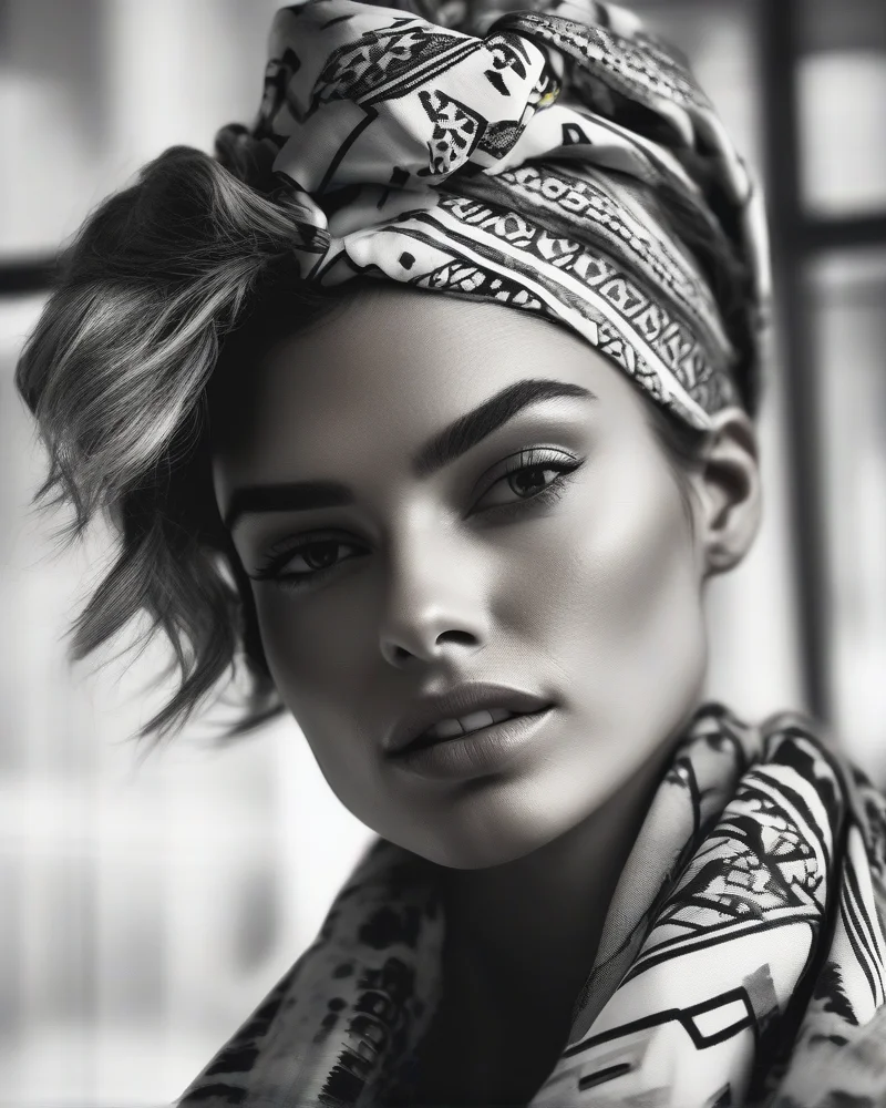 A stylish woman wearing a high top knot bun accessorized with a high-contrast geometric bandana using the headband tuck method to hide flyaways during a busy morning.