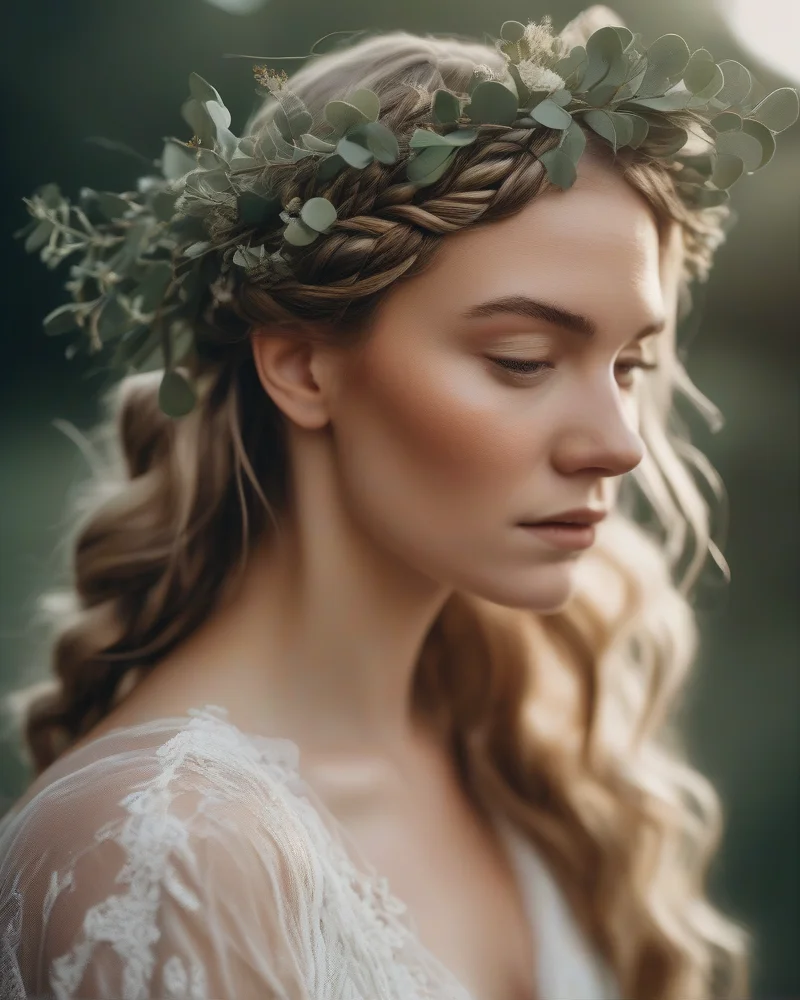 Modern loose braided crown hairstyle for a boho wedding with floral accents