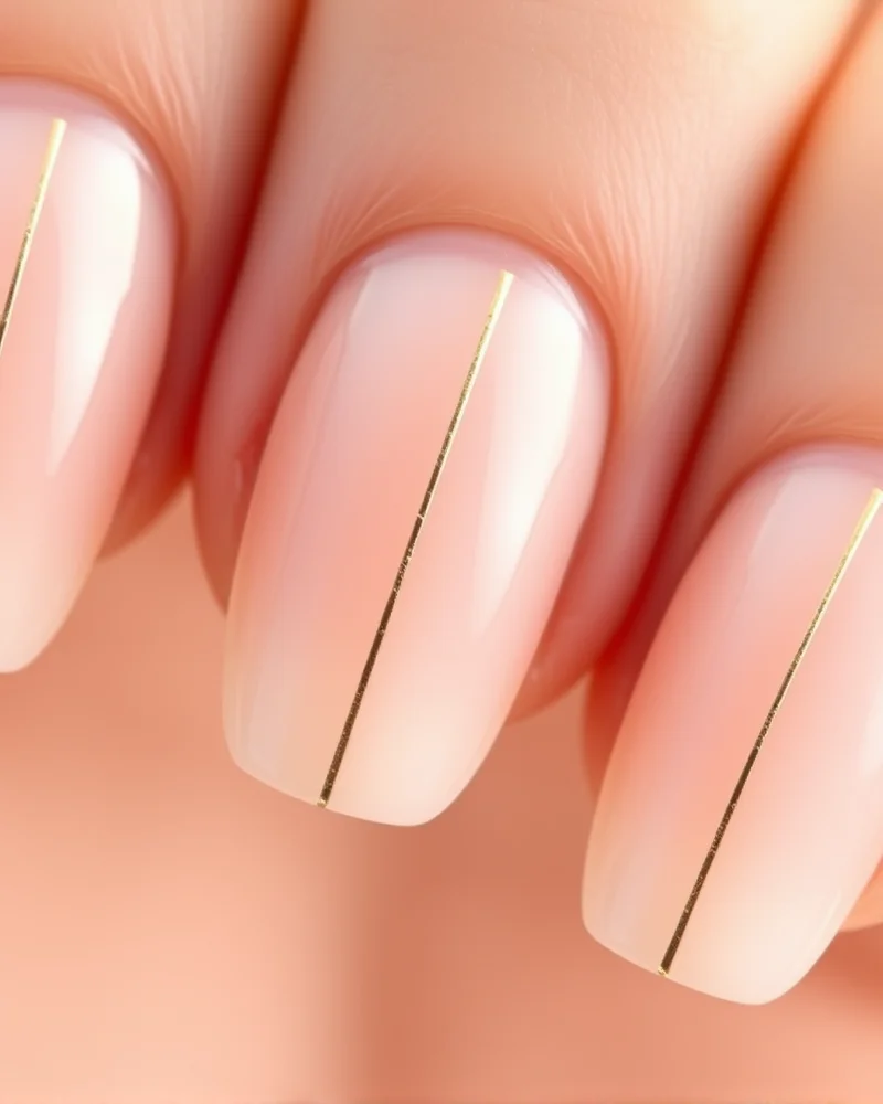 15 Simple Fall Nails That Are Defining Autumn Elegance 5 Sheer nude nails with a minimal vertical gold chrome accent line.