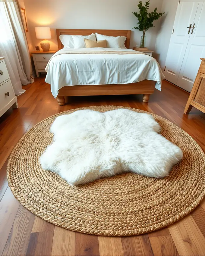 Layered rugs in a bedroom creating a cozy and warm flooring texture for fall.