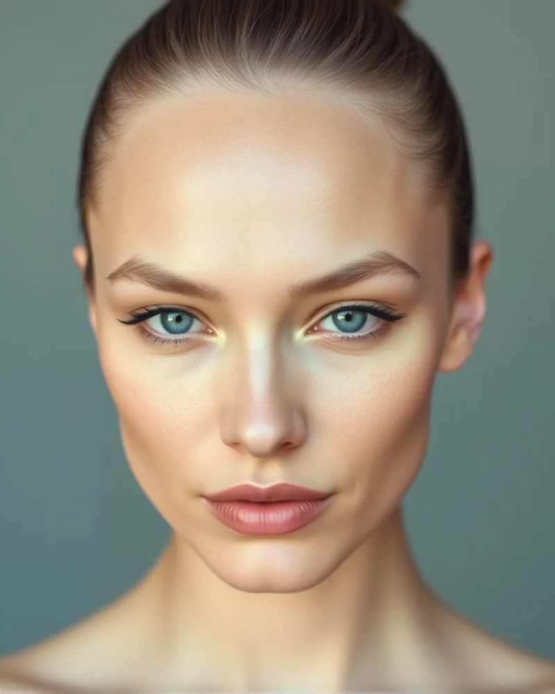 Model with dewy highlighter and high bun, showcasing a clean girl office makeup look.