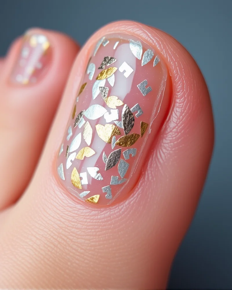 Metallic gold and silver foil toe nail art.