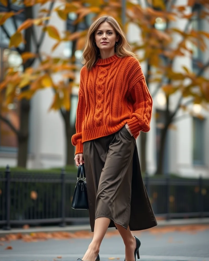 Fall Outfits 2026 Women: The Ultimate Editorial Style Guide 6 Woman wearing cozy cable-knit sweater and silk skirt for autumn 2026.