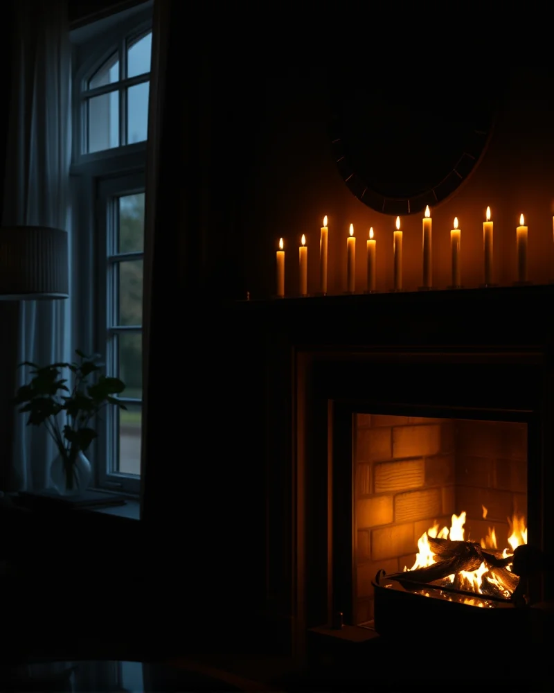 Cozy candlelight display on a fall mantle creating a warm, moody evening atmosphere.