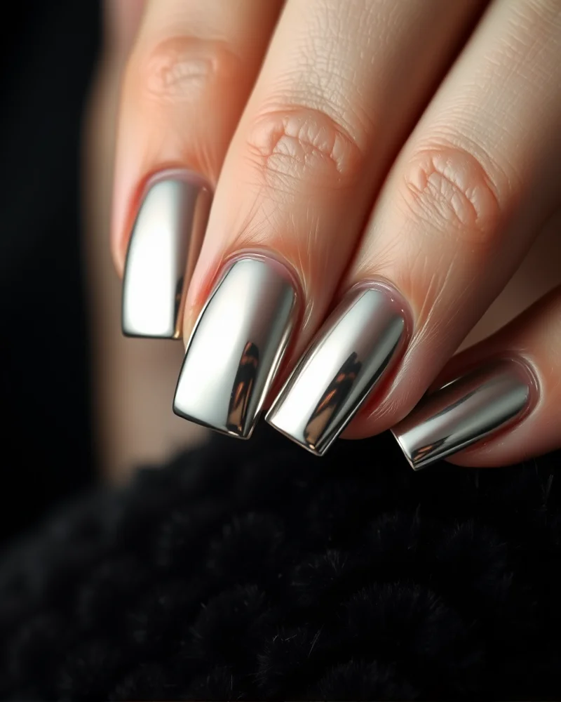 Sleek silver chrome square nails.