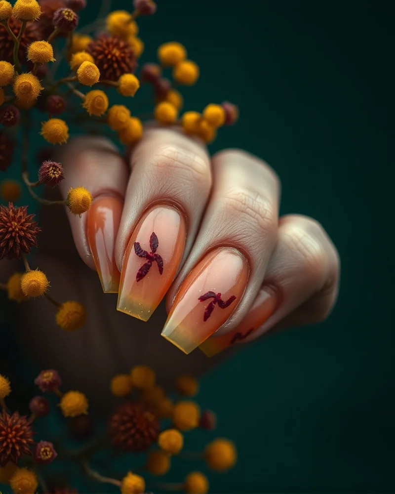 Coffin-shaped nails featuring autumnal wildflower art on a dark forest green background.